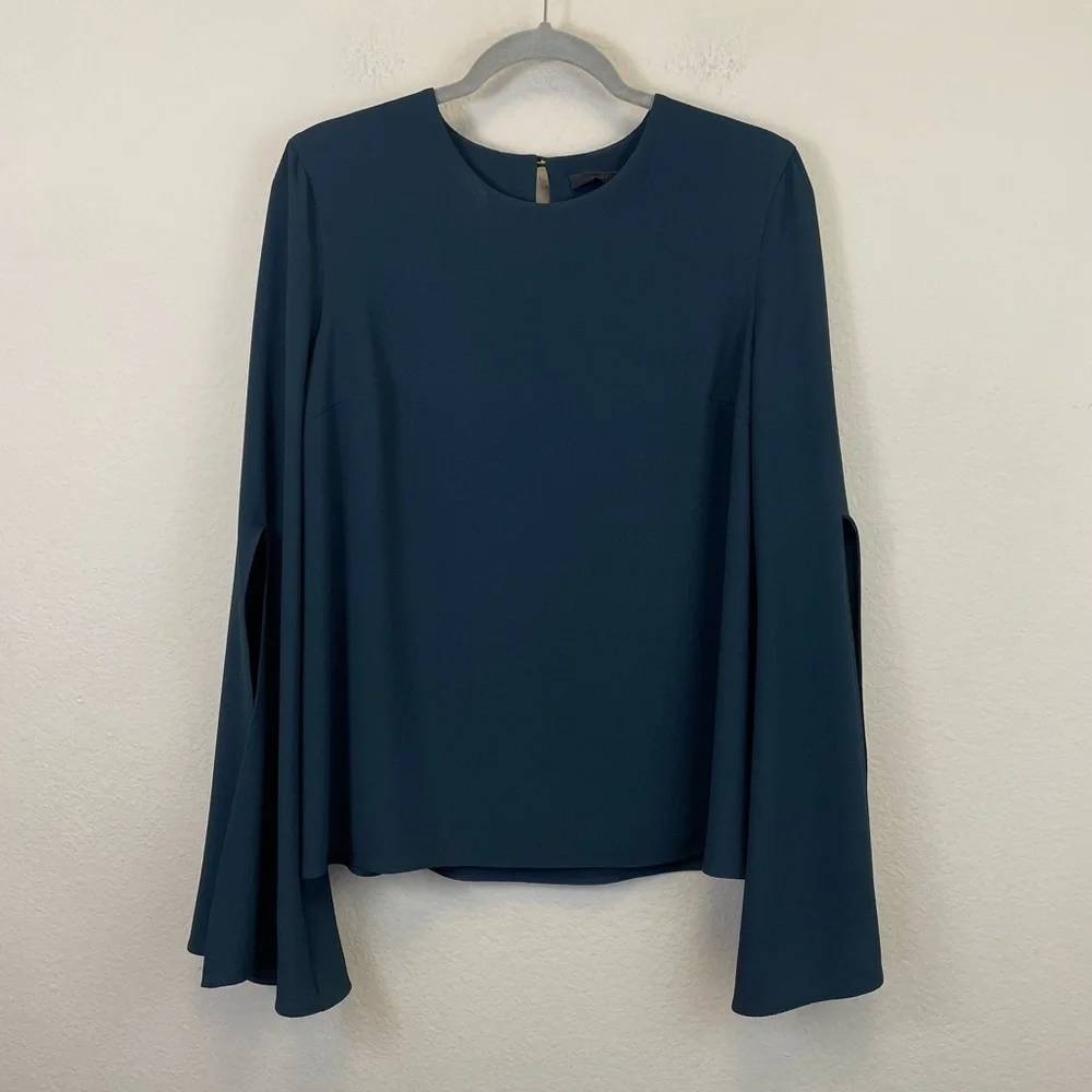 Cushnie et Ochs Dark Teal‎ Long Bell Sleeve Crew Neck Crepe Top Size 10